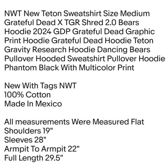 NWT New Teton Sweatshirt Size Medium Grateful Dead X TGR Shred 2.0 Bears Hoodie - Picture 2 of 8
